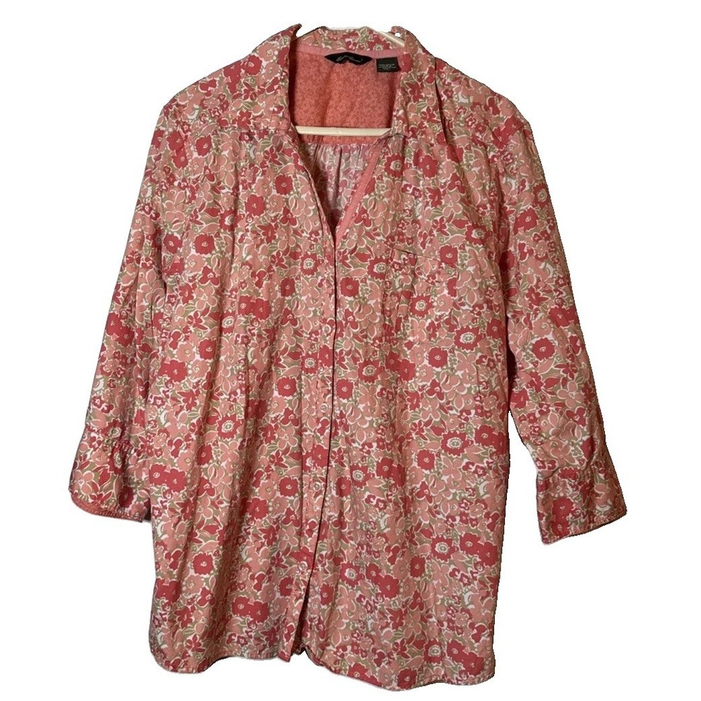 Eddie Bauer Women's XXL Tall Floral Cotton Tunic Blouse 3/4 Sleeve Coral Pink